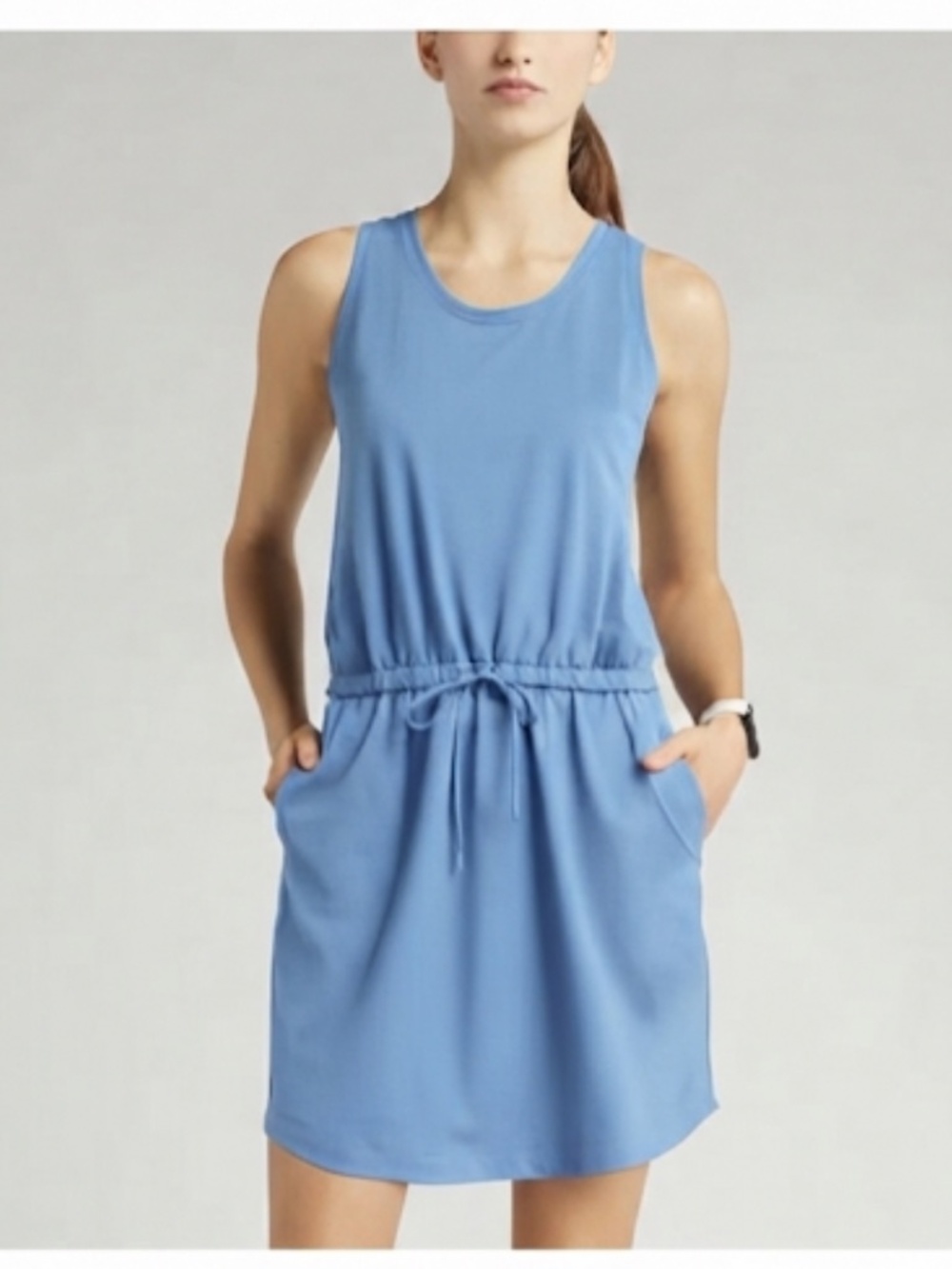 Zella Live In Dress Sleeveless Elastic Tie Waist Rounded Hem Pockets Blue Medium